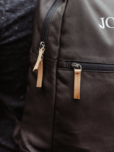 Close up of leather zipper straps and black backpack fabric. 