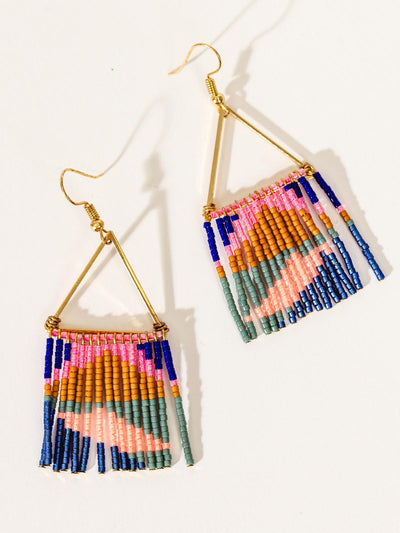 Golden triangle shape earrings with multi-colored neon beads handing from the triangle shape like fringe. Colors featured are neon pink. blues, and mustard.