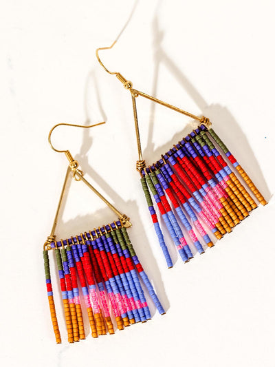 Golden triangle shape earrings with multi-colored neon beads handing from the triangle shape like fringe. Colors featured are neon pink. blues, and mustard.