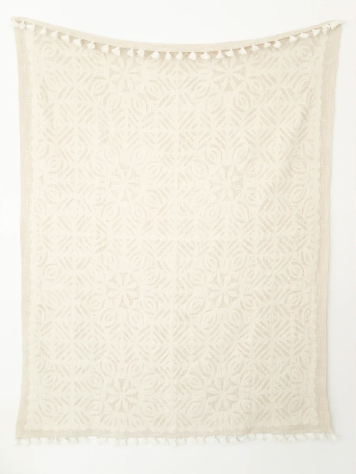 Whole cream cutwork throw on white background.