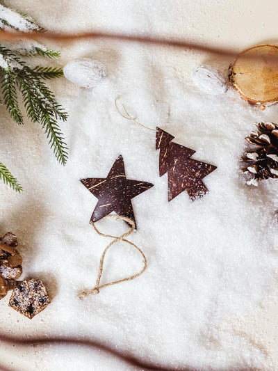 Handcrafted star and tree-shaped ornaments made from coconut shell, laid on a snowy surface with pinecones and festive greenery, perfect for eco-friendly holiday decor.