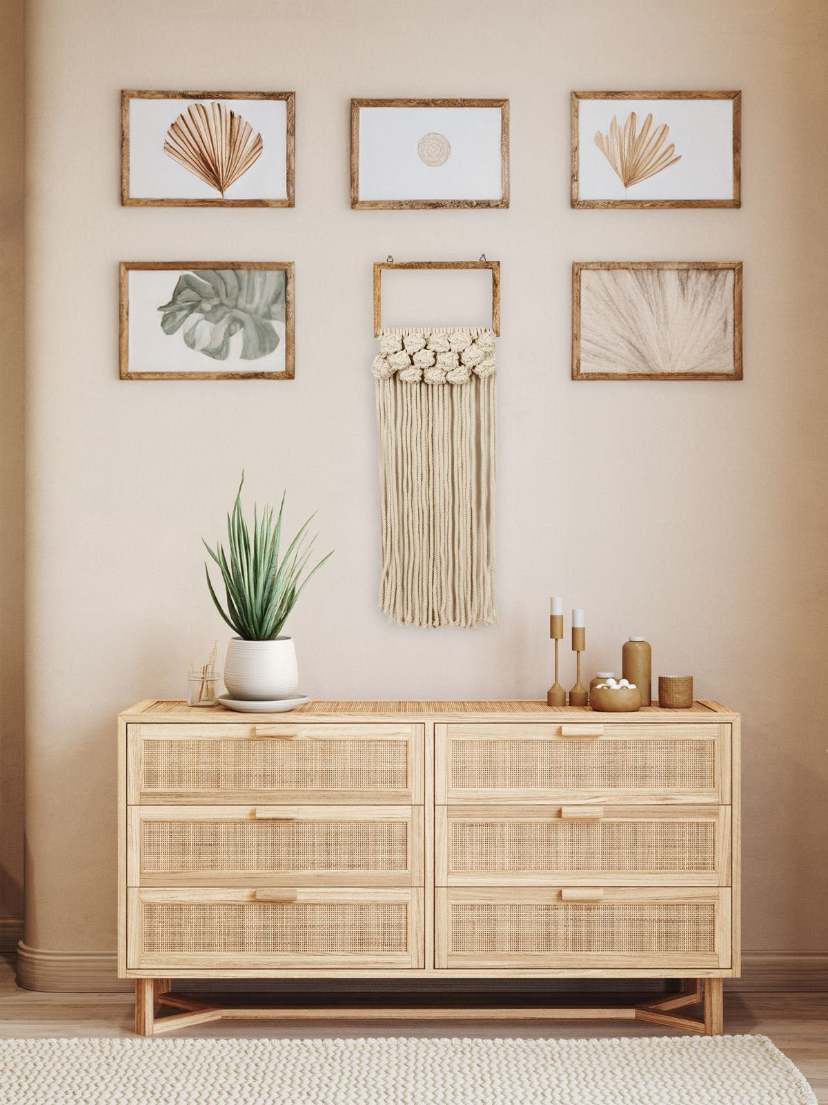 Rope and wood wall hanging imposed on living room wall with wall art and dresser. 